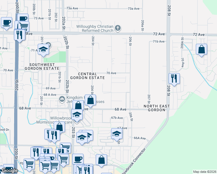map of restaurants, bars, coffee shops, grocery stores, and more near 20478 69 Avenue in Langley