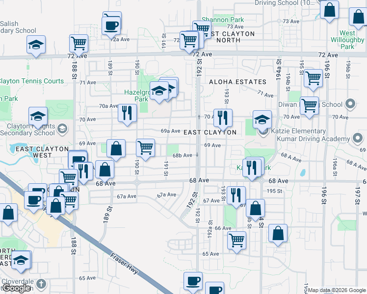 map of restaurants, bars, coffee shops, grocery stores, and more near 19160 69 Avenue in Surrey