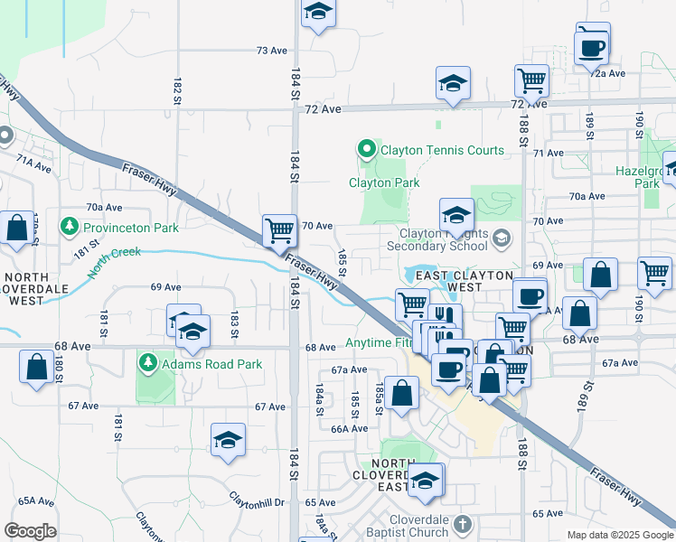 map of restaurants, bars, coffee shops, grocery stores, and more near 6945 185 Street in Surrey