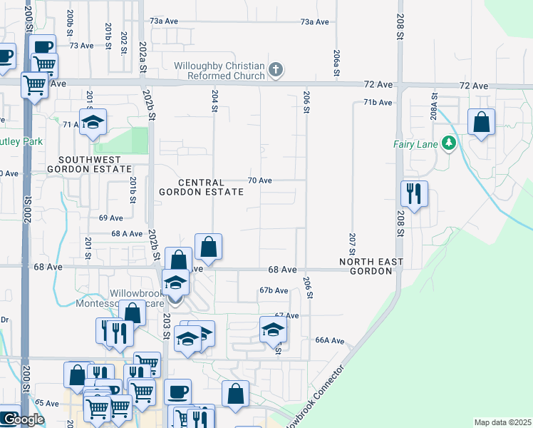 map of restaurants, bars, coffee shops, grocery stores, and more near 6920 205 Street in Langley