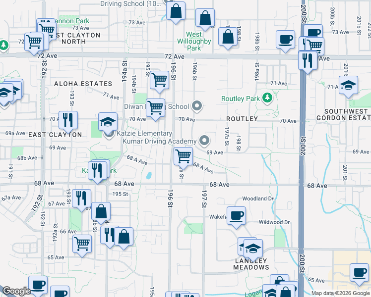 map of restaurants, bars, coffee shops, grocery stores, and more near 19654 69A Avenue in Langley