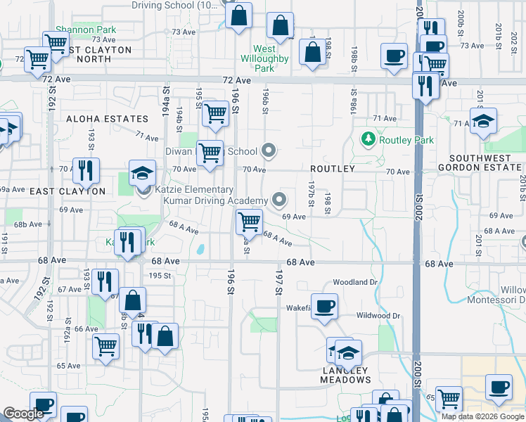 map of restaurants, bars, coffee shops, grocery stores, and more near 19654 69A Avenue in Langley City