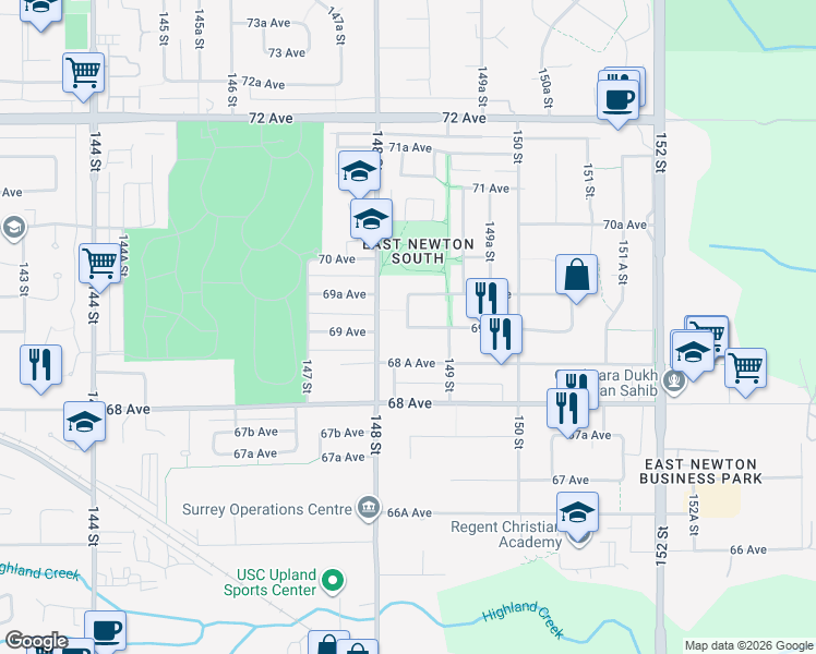map of restaurants, bars, coffee shops, grocery stores, and more near 69 Ave & 148A St in Surrey