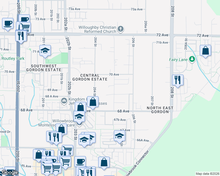 map of restaurants, bars, coffee shops, grocery stores, and more near 6931 205 Street in Langley