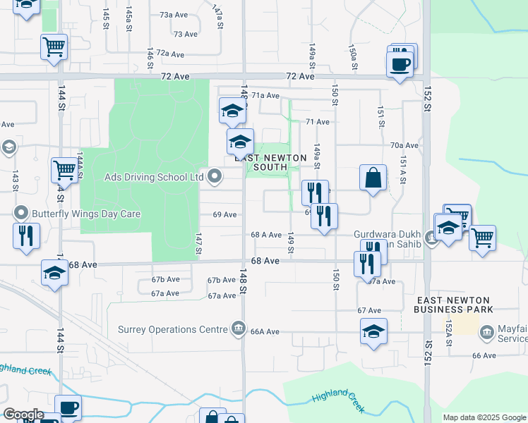 map of restaurants, bars, coffee shops, grocery stores, and more near 148A Street in Surrey
