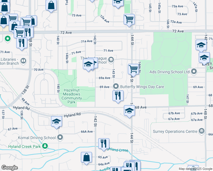 map of restaurants, bars, coffee shops, grocery stores, and more near 14267 69 Avenue in Surrey