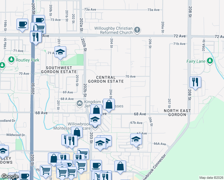 map of restaurants, bars, coffee shops, grocery stores, and more near 6920 204 Street in Langley