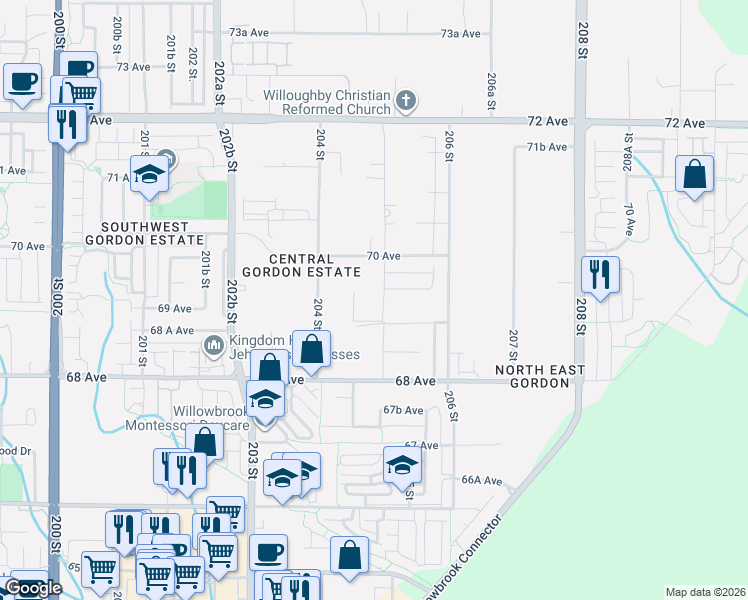 map of restaurants, bars, coffee shops, grocery stores, and more near 20478 69 Avenue in Langley