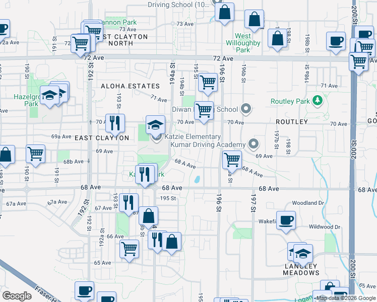 map of restaurants, bars, coffee shops, grocery stores, and more near 19505 68 A Avenue in Surrey