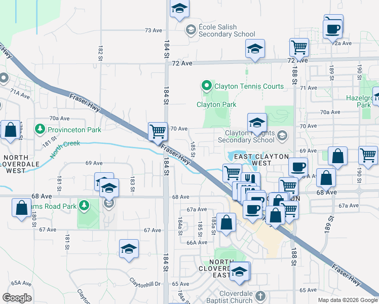 map of restaurants, bars, coffee shops, grocery stores, and more near 6945 185 Street in Surrey