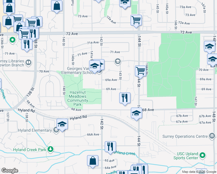 map of restaurants, bars, coffee shops, grocery stores, and more near 14237 69 Avenue in Surrey