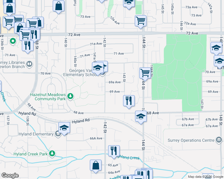 map of restaurants, bars, coffee shops, grocery stores, and more near 14237 69 Avenue in Surrey