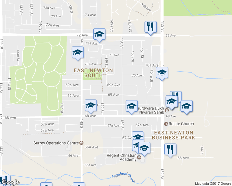 map of restaurants, bars, coffee shops, grocery stores, and more near 14958 69 Avenue in Surrey