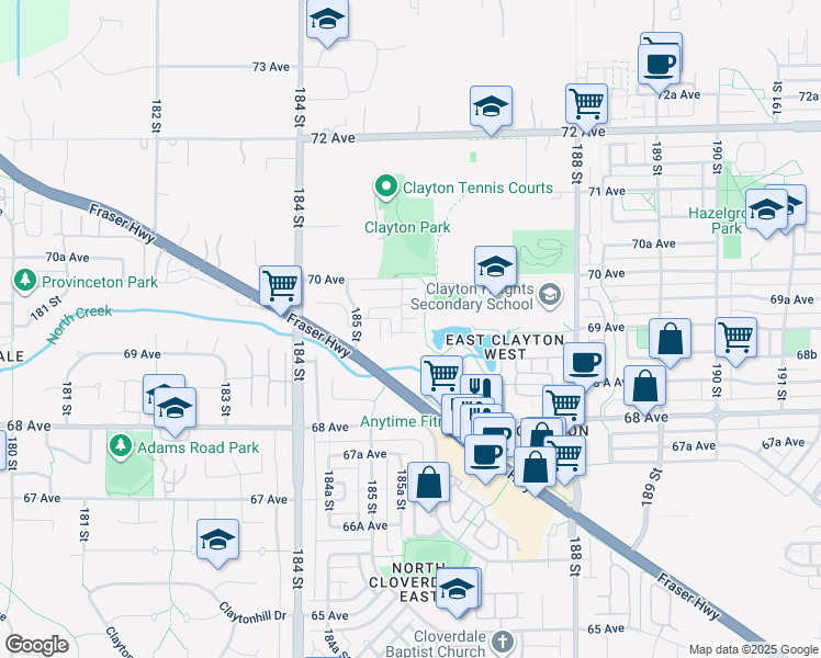 map of restaurants, bars, coffee shops, grocery stores, and more near 18505 Laurensen Place in Surrey