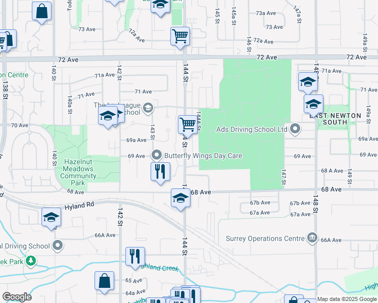 map of restaurants, bars, coffee shops, grocery stores, and more near 6908 144 Street in Surrey