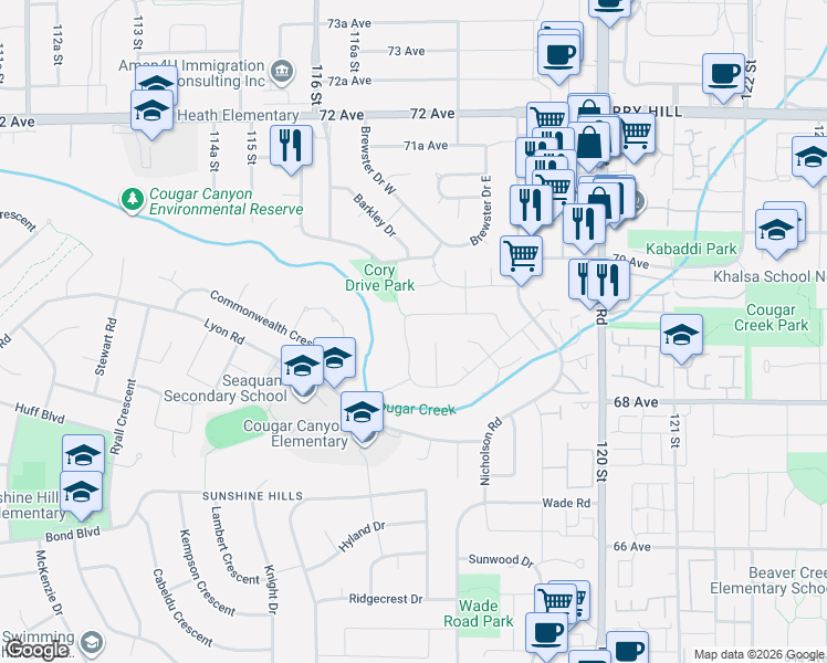 map of restaurants, bars, coffee shops, grocery stores, and more near 11715 Chateau Wynd in Delta