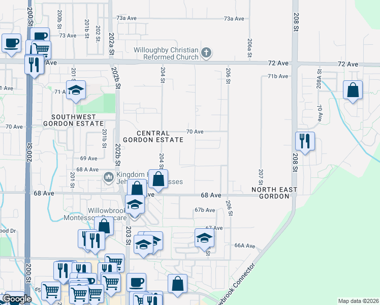 map of restaurants, bars, coffee shops, grocery stores, and more near 6927 205 Street in Langley