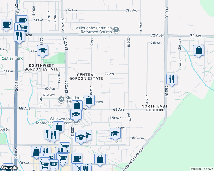 map of restaurants, bars, coffee shops, grocery stores, and more near 6927 205 Street in Langley