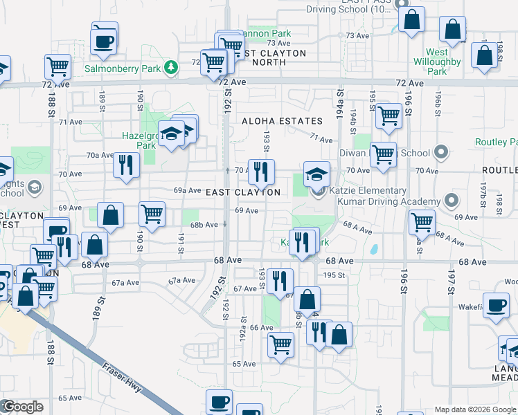 map of restaurants, bars, coffee shops, grocery stores, and more near 19289 69 Avenue in Surrey
