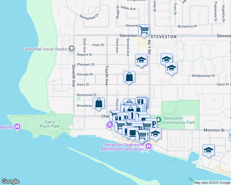 map of restaurants, bars, coffee shops, grocery stores, and more near 3551 Richmond Street in Richmond