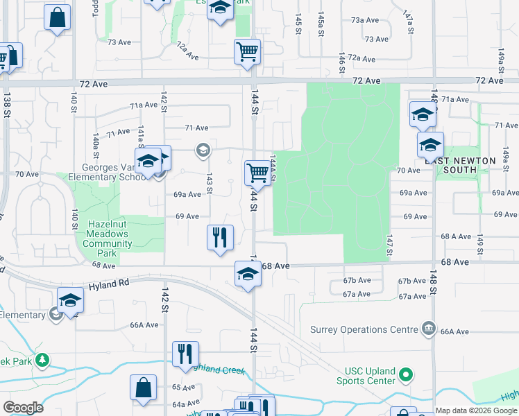 map of restaurants, bars, coffee shops, grocery stores, and more near 6916 144 Street in Surrey
