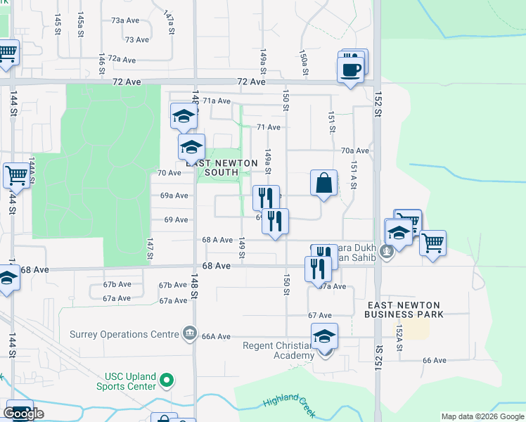 map of restaurants, bars, coffee shops, grocery stores, and more near 14953 69 Avenue in Surrey