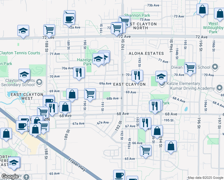 map of restaurants, bars, coffee shops, grocery stores, and more near in Surrey