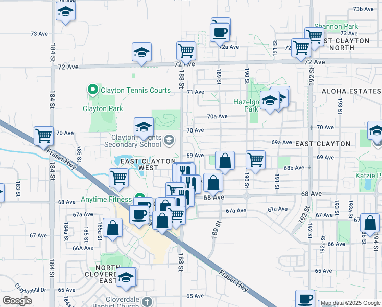 map of restaurants, bars, coffee shops, grocery stores, and more near in Surrey