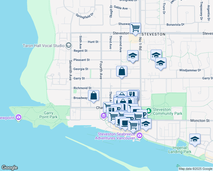 map of restaurants, bars, coffee shops, grocery stores, and more near 3515 Richmond Street in Richmond