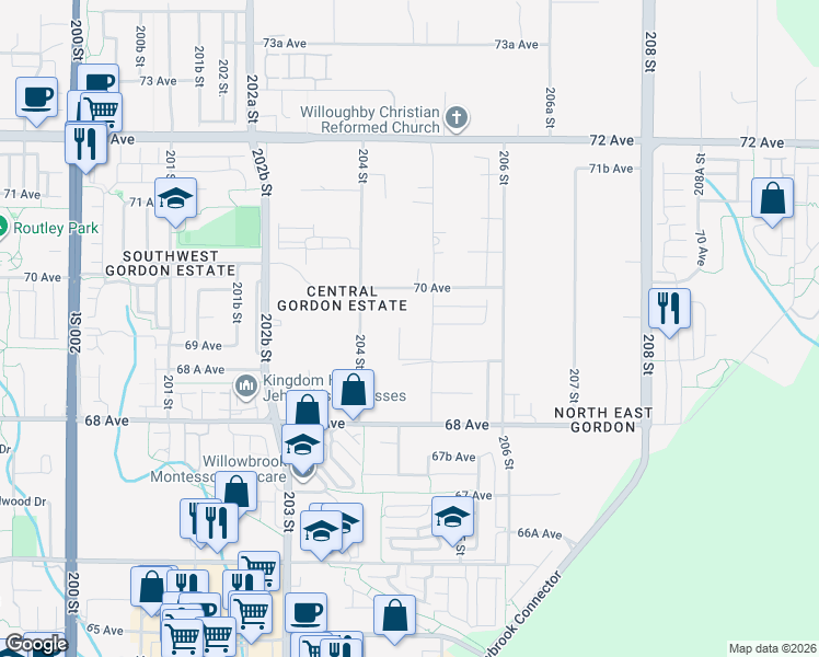 map of restaurants, bars, coffee shops, grocery stores, and more near 6930 204 Street in Langley