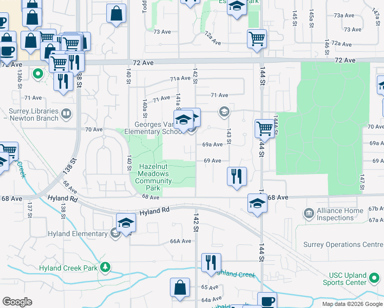 map of restaurants, bars, coffee shops, grocery stores, and more near 6929 142 Street in Surrey