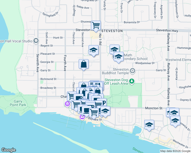 map of restaurants, bars, coffee shops, grocery stores, and more near 3871 Richmond Street in Richmond