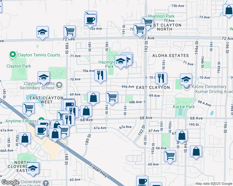 map of restaurants, bars, coffee shops, grocery stores, and more near 19049 69 Avenue in Surrey