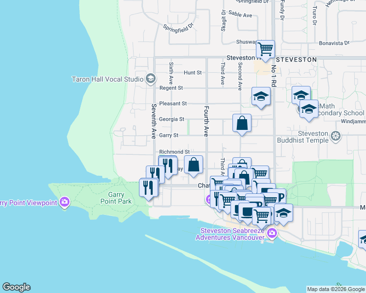 map of restaurants, bars, coffee shops, grocery stores, and more near 3193 Richmond Street in Richmond