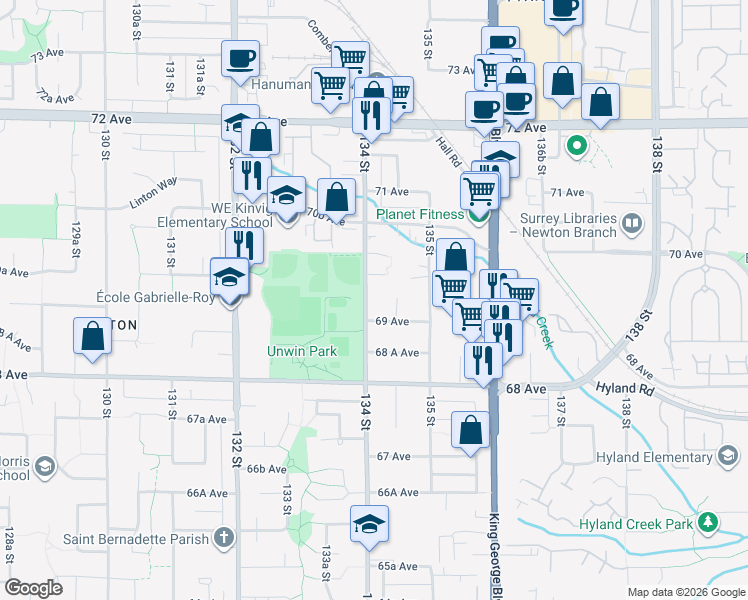 map of restaurants, bars, coffee shops, grocery stores, and more near 6928 134 Street in Surrey