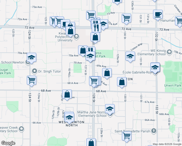 map of restaurants, bars, coffee shops, grocery stores, and more near 6919 128 Street in Surrey