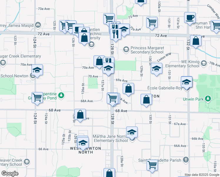 map of restaurants, bars, coffee shops, grocery stores, and more near 6919 128 Street in Surrey