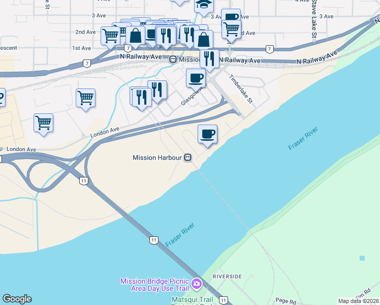 map of restaurants, bars, coffee shops, grocery stores, and more near 6997 Bridge Street in Mission