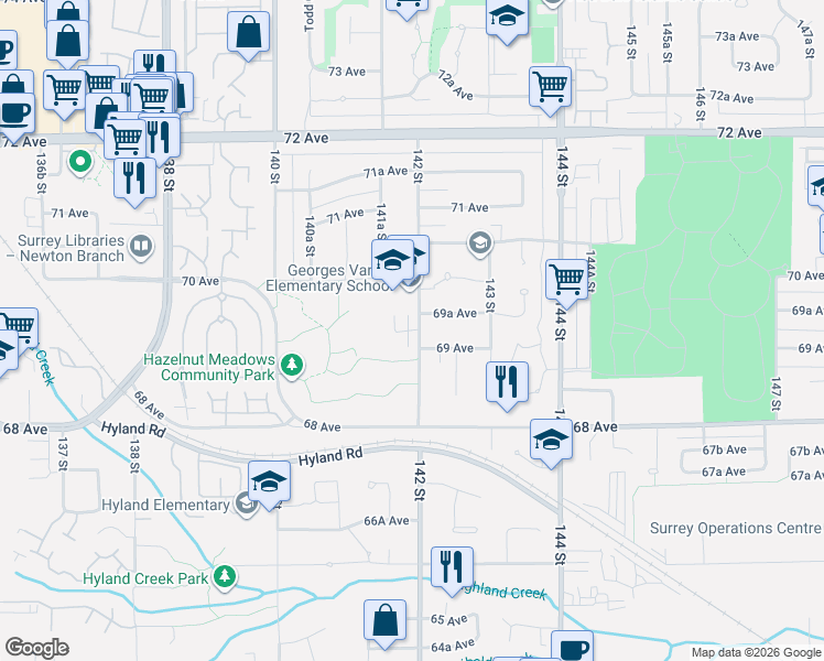 map of restaurants, bars, coffee shops, grocery stores, and more near 6898 142 Street in Surrey