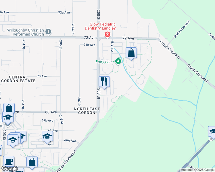 map of restaurants, bars, coffee shops, grocery stores, and more near 6940 208A Street in Langley