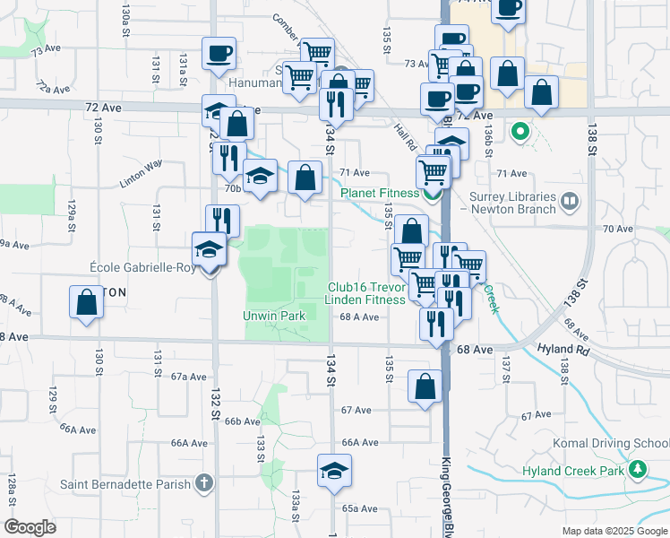 map of restaurants, bars, coffee shops, grocery stores, and more near 6928 134 Street in Surrey