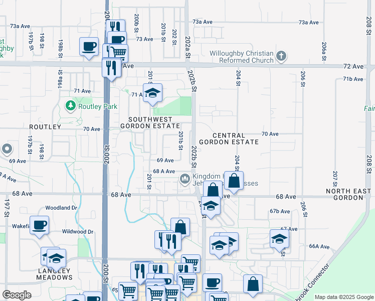 map of restaurants, bars, coffee shops, grocery stores, and more near 6933 202B Street in Langley