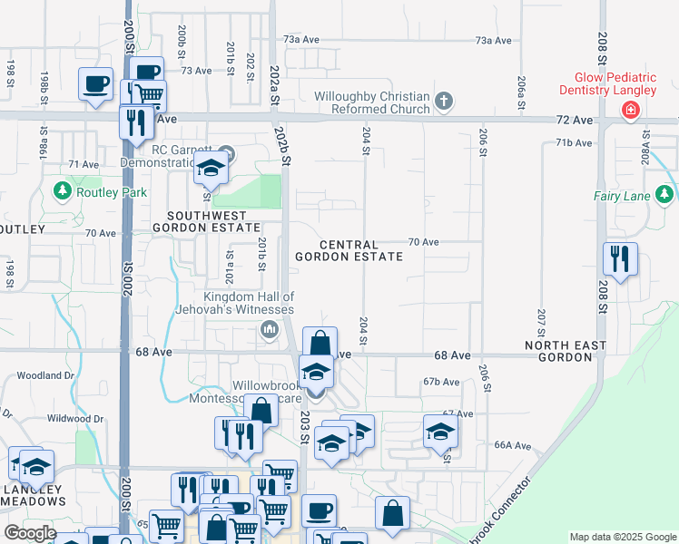 map of restaurants, bars, coffee shops, grocery stores, and more near 6951 204 Street in Langley