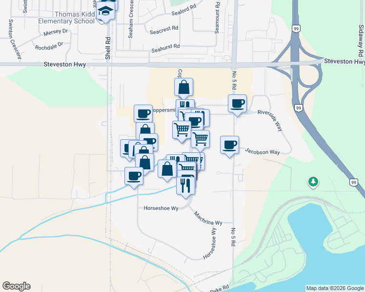 map of restaurants, bars, coffee shops, grocery stores, and more near 11471 Blacksmith Place in Richmond