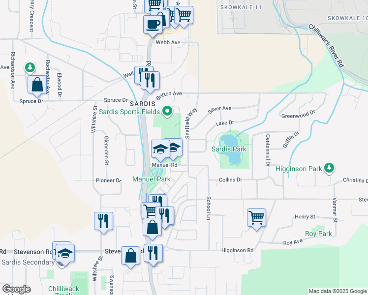 map of restaurants, bars, coffee shops, grocery stores, and more near 6961 Sheffield Way in Chilliwack