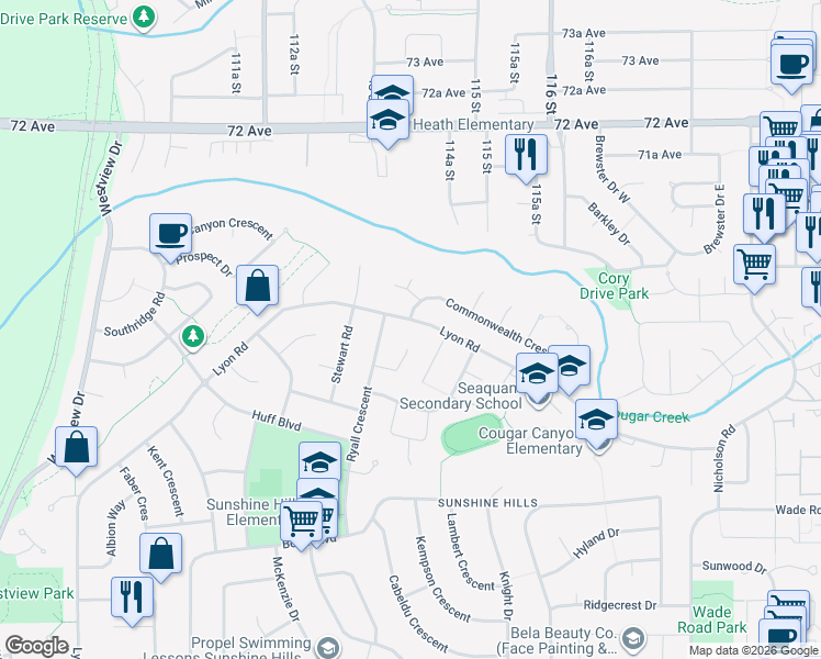 map of restaurants, bars, coffee shops, grocery stores, and more near 11414 Lyon Road in Delta