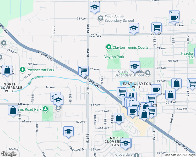 map of restaurants, bars, coffee shops, grocery stores, and more near 6945 185 Street in Surrey