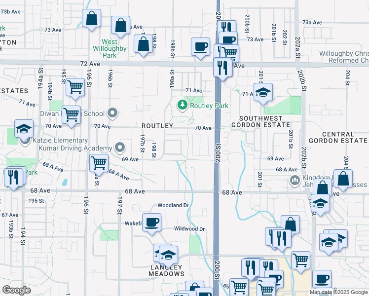 map of restaurants, bars, coffee shops, grocery stores, and more near 6942 198B Street in Langley