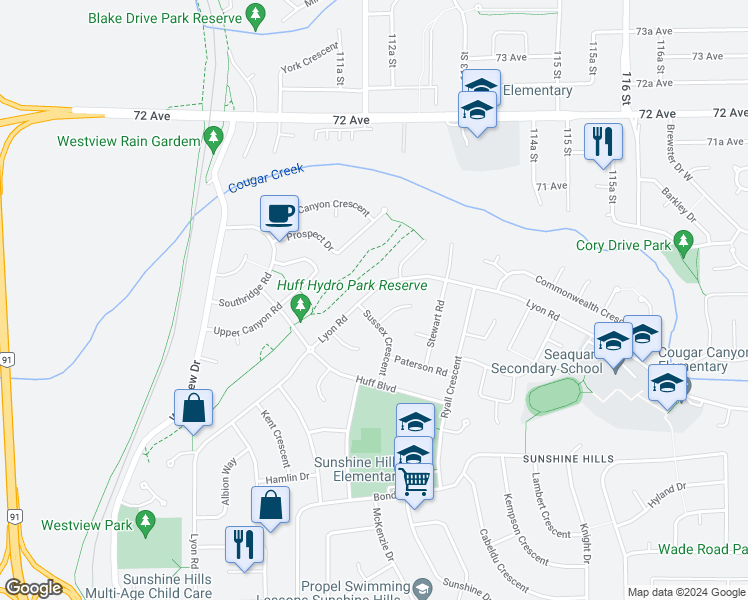 map of restaurants, bars, coffee shops, grocery stores, and more near 11214 Lyon Road in Delta