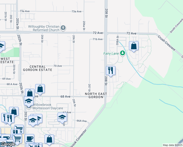 map of restaurants, bars, coffee shops, grocery stores, and more near 6958 207 Street in Langley